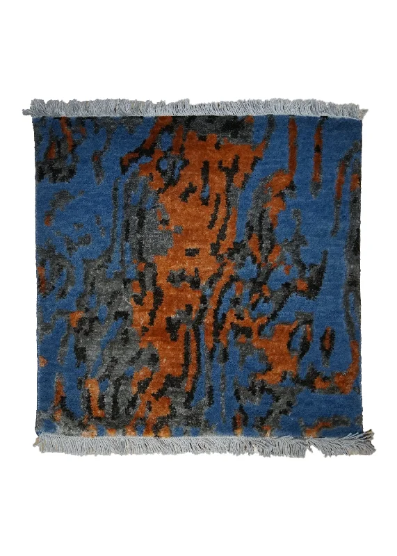 Oriental Rug Indian Handmade Square Modern 1'6"x1'6" (2x2) Blue Orange Splatter Abstract Design #A31653