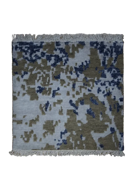 Oriental Rug Indian Handmade Square Modern 1'6"x1'6" (2x2) Gray Brown Blue Splatter Abstract Design #A31655