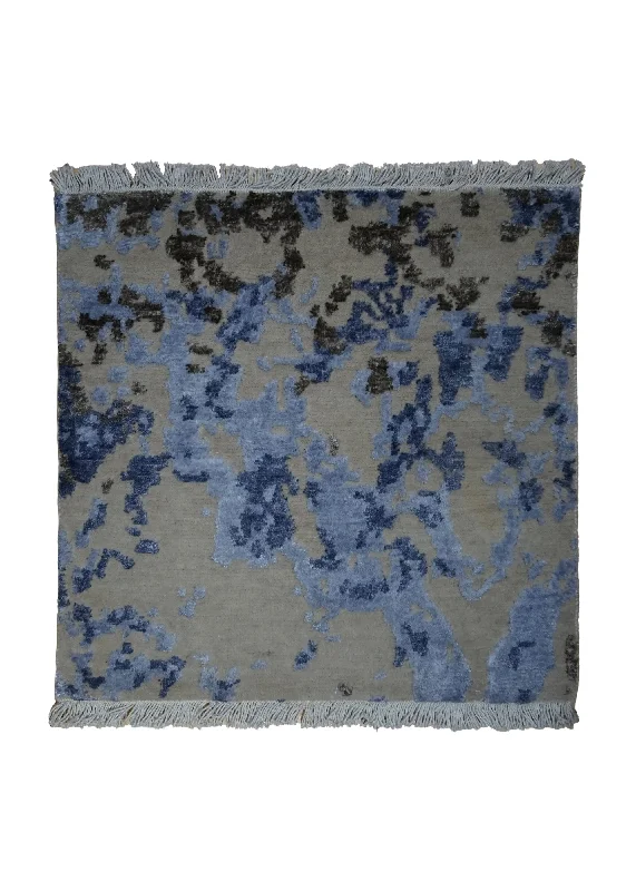 Oriental Rug Indian Handmade Square Modern 1'6"x1'6" (2x2) Whites/Beige Blue Splatter Abstract Design #A31656