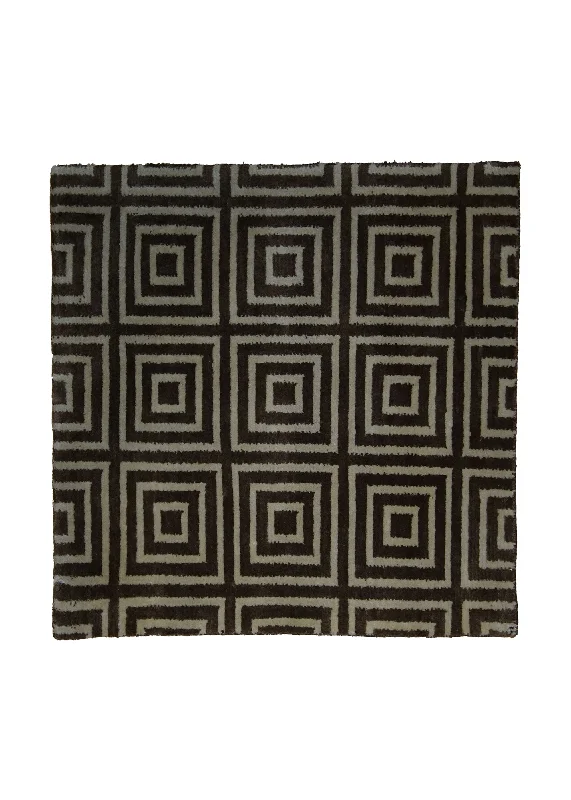 Oriental Rug Indian Handmade Square Modern 2'0"x2'0" (2x2) Brown Whites/Beige Checkered Geometric Design #A28892