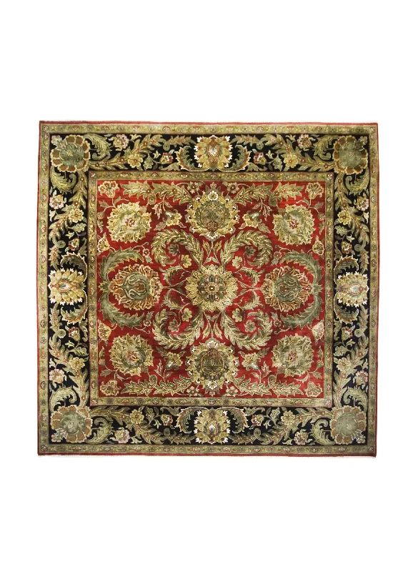 Oriental Rug Indian Handmade Square Transitional 10'1"x10'1" (10x10) Red Black Green Tea Washed Floral Design #A28387