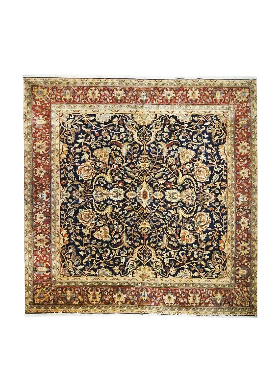 Oriental Rug Indian Handmade Square Transitional 8'0"x8'0" (8x8) Blue Yellow/Gold Tea Washed Floral Design #A29621