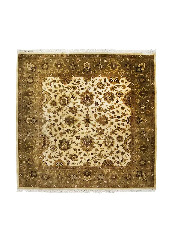 Oriental Rug Indian Handmade Square Transitional 7'11"x8'1" (8x8) Whites/Beige Yellow/Gold Green Tea Washed Floral Design #A29604