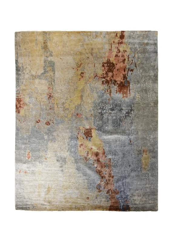 Oriental Rug Indian Handmade Area Modern 8'0"x10'0" (8x10) Gray Orange Yellow/Gold Abstract Splatter Design #A35321