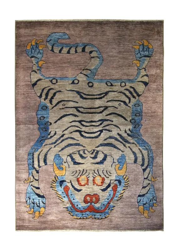 Oriental Rug Pakistani Handmade Area Transitional 4'3"x5'11" (4x6) Whites/Beige Blue Pictorial Animals Design #A35467