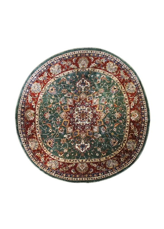 Oriental Rug Pakistani Handmade Round Traditional 9'9"x9'9" (10x10) Green Red Chobi Geometric Design #A31840