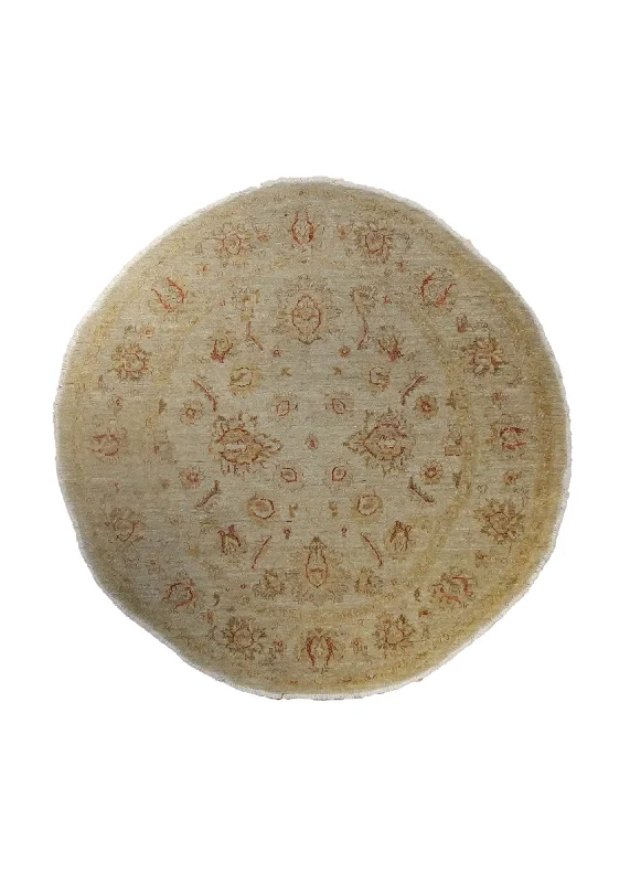 Oriental Rug Pakistani Handmade Round Transitional 4'6"x4'6" (5x5) Whites/Beige Yellow/Gold Antique Washed Floral Oushak Design #A35381