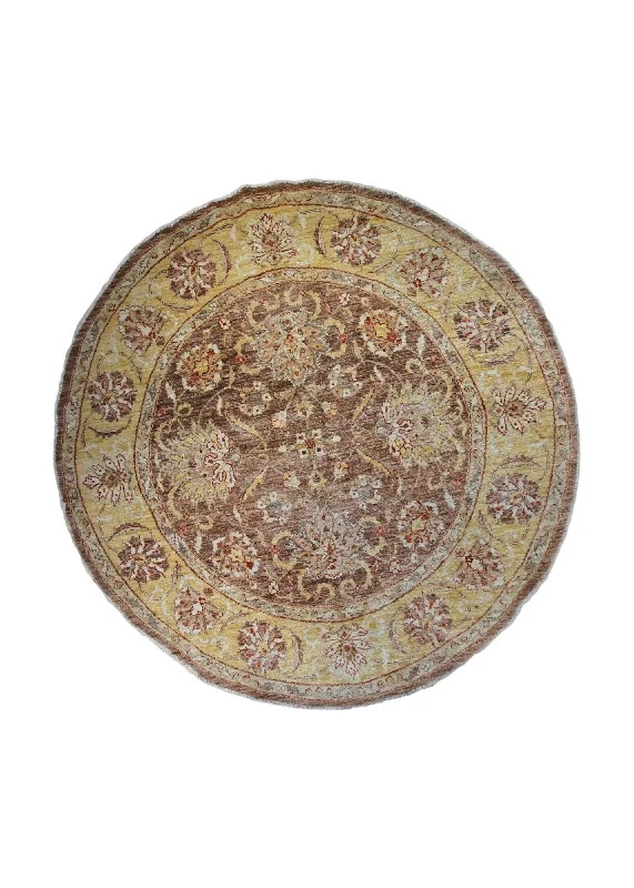 Oriental Rug Pakistani Handmade Round Transitional 6'0"x6'0" (6x6) Brown Yellow/Gold Antique Washed Oushak Floral Design #A33611