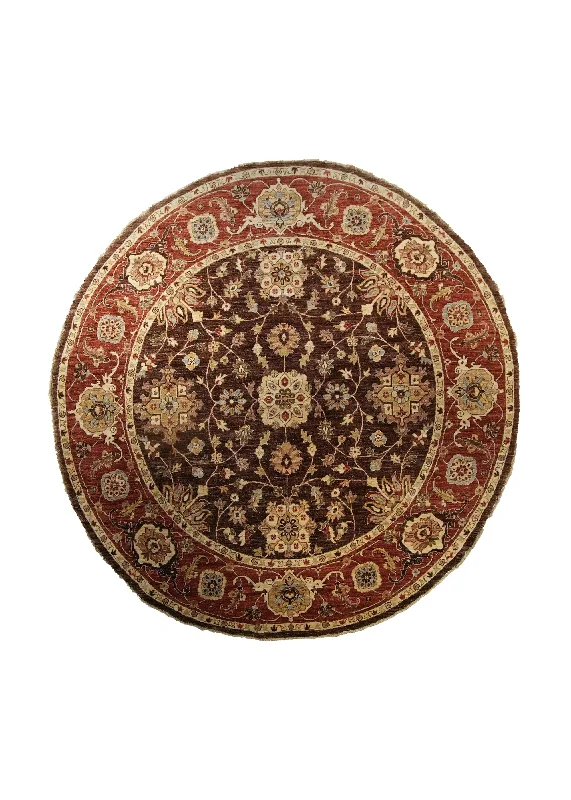 Oriental Rug Pakistani Handmade Round Transitional 8'2"x8'3" (8x8) Brown Red Antique Washed Floral Oushak Design #A35364