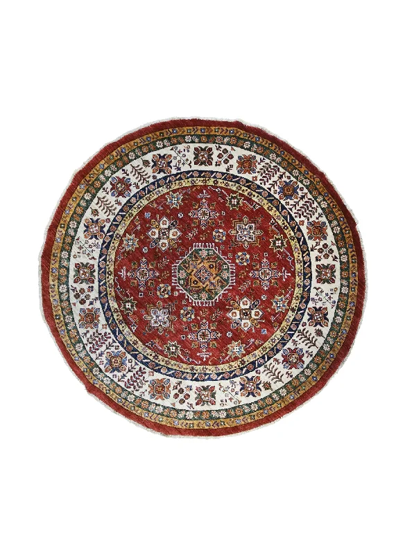 Oriental Rug Pakistani Handmade Round Transitional Tribal 6'6"x6'6" (7x7) Red Whites/Beige Kazak Geometric Design #A32384