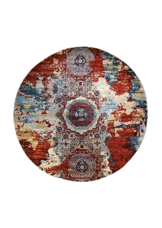 Oriental Rug Pakistani Handmade Round Transitional Tribal 8'0"x8'0" (8x8) Red Blue Mamluk Erased Design #A35061