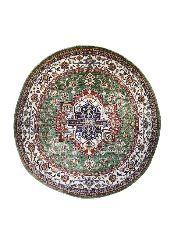 Oriental Rug Pakistani Handmade Round Transitional Tribal 8'0"x8'6" (8x9) Green Red Chobi Geometric Design #A31841