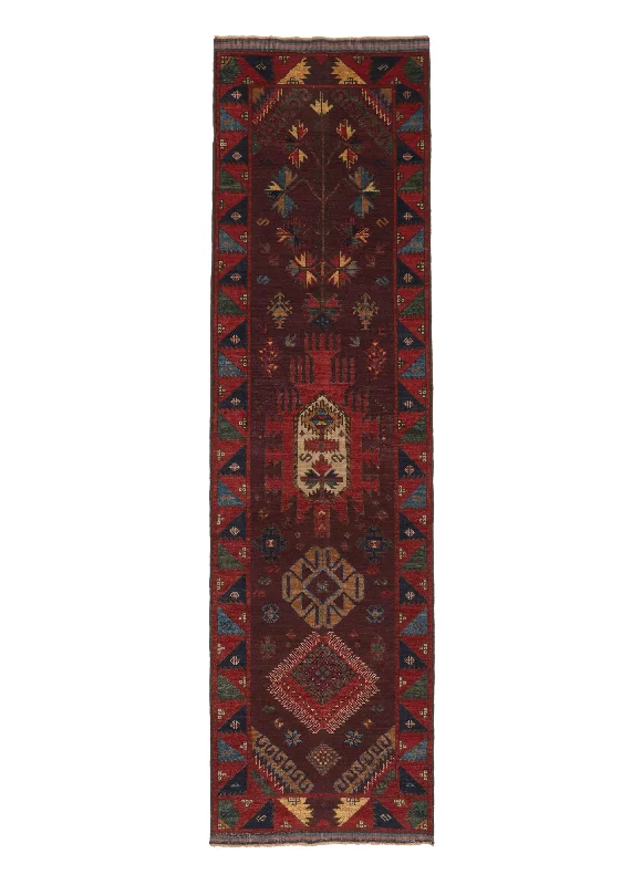 Oriental Rug Pakistani Handmade Runner Transitional Tribal 2'11"x10'0" (3x10) Red Brown Multi-color Geometric Baloch Design #34561