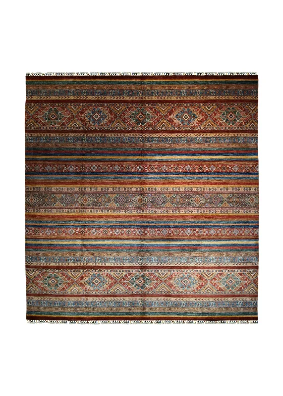 Oriental Rug Pakistani Handmade Square Transitional 9'8"x9'10" (10x10) Red Blue Multi-color Khorjin Geometric Design #A32924