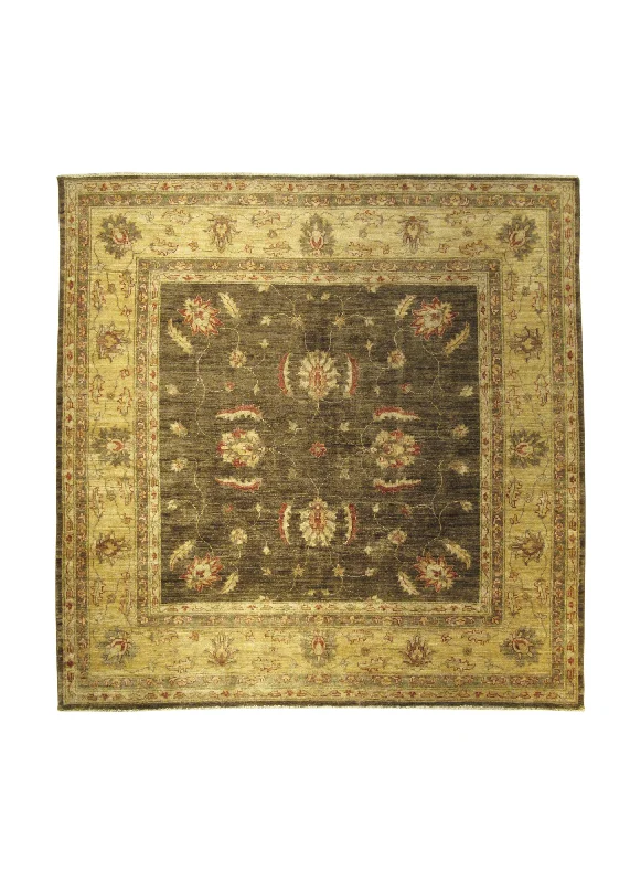 Oriental Rug Pakistani Handmade Square Transitional 6'4"x6'4" (6x6) Brown Whites/Beige Antique Washed Oushak Floral Design #A27422