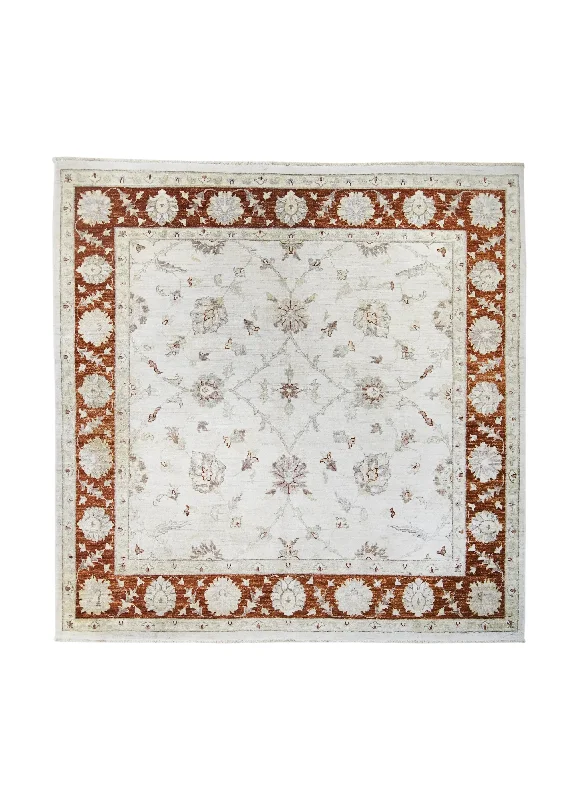 Oriental Rug Pakistani Handmade Square Transitional 6'7"x6'8" (7x7) Whites/Beige Red Antique Washed Oushak Floral Design #A31071