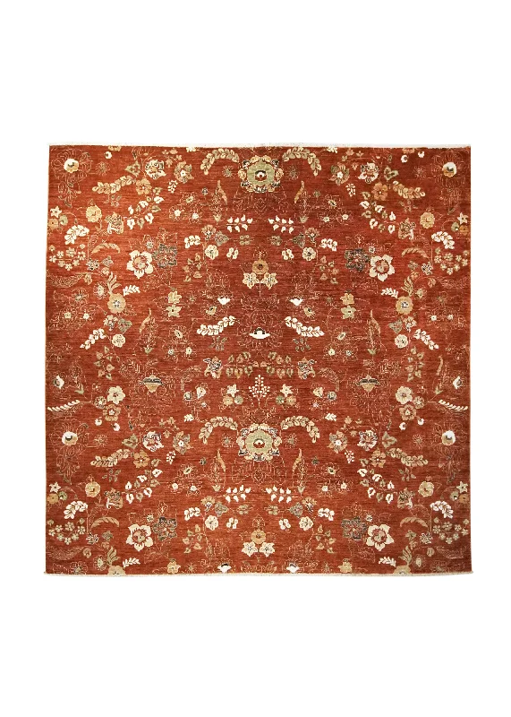 Oriental Rug Pakistani Handmade Square Transitional 7'9"x7'11" (8x8) Red Silver Wash Oushak Floral Design #A27673