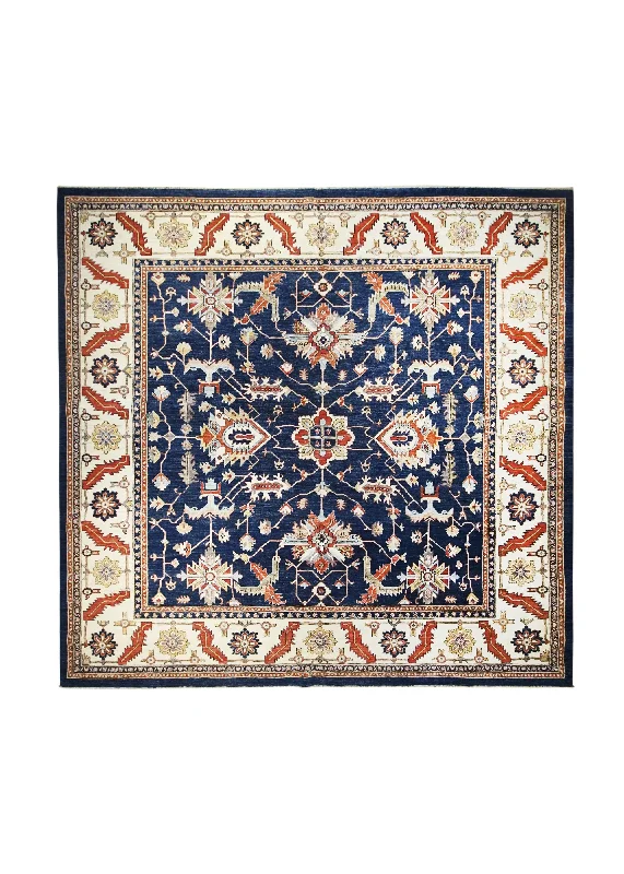 Oriental Rug Pakistani Handmade Square Transitional Tribal 9'8"x10'0" (10x10) Blue Whites/Beige Red Serapi Geometric Design #A31740