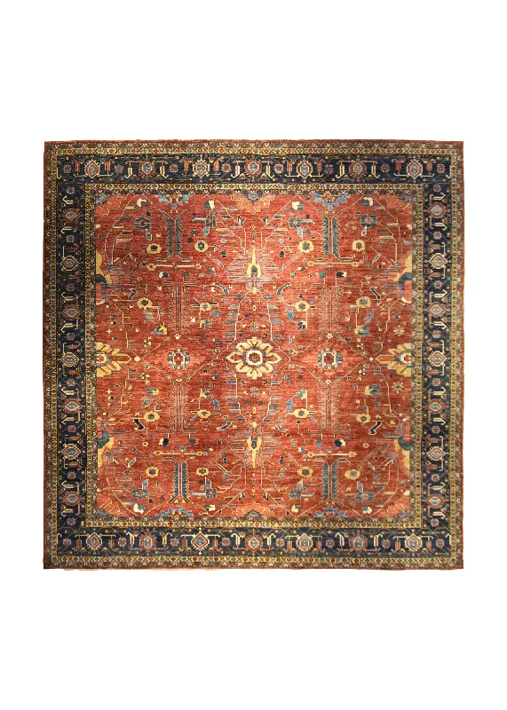 Oriental Rug Pakistani Handmade Square Transitional Tribal 13'0"x13'2" (13x13) Red Blue Geometric Heriz Design #A35470