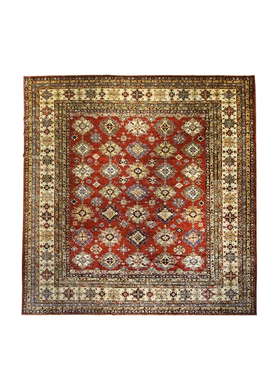 Oriental Rug Pakistani Handmade Square Transitional Tribal 13'4"x13'6" (13x14) Red Kazak Geometric Design #A29336