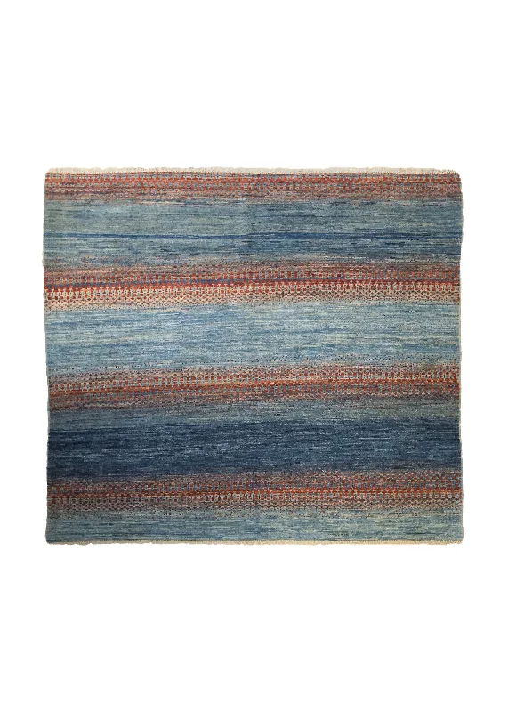 Oriental Rug Pakistani Handmade Square Transitional Tribal 4'8"x5'4" (5x5) Blue Red Gabbeh Stripes Design #A33740