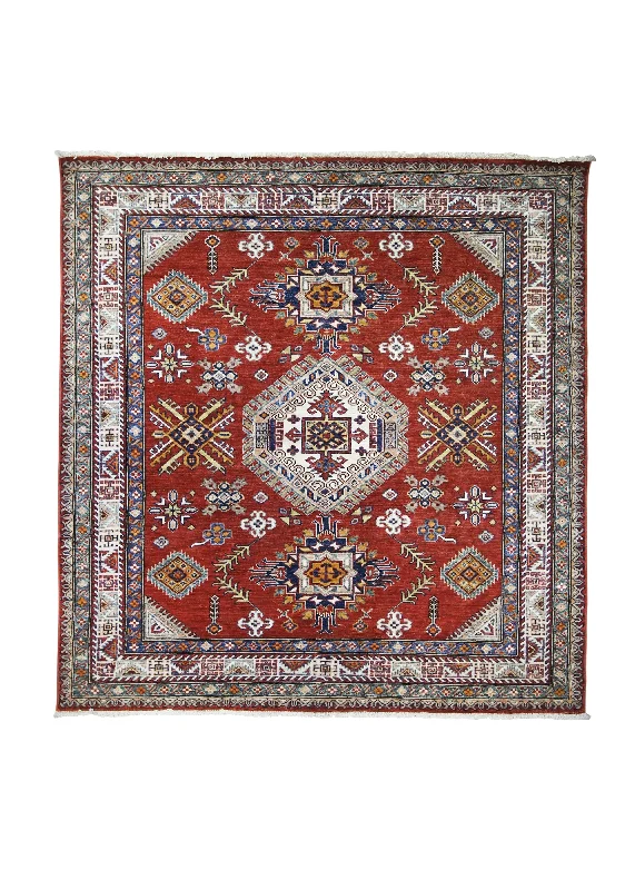 Oriental Rug Pakistani Handmade Square Transitional Tribal 5'11"x6'5" (6x6) Red Kazak Geometric Design #A30412