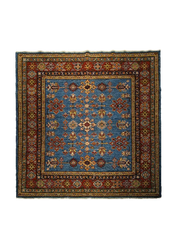 Oriental Rug Pakistani Handmade Square Transitional Tribal 6'4"x6'6" (6x7) Blue Yellow/Gold Kazak Geometric Design #A30036