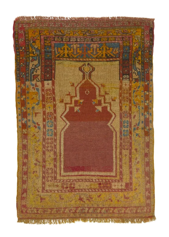 Oriental Rug Turkish Handmade Area Antique Tribal 3'5"x4'10" (3x5) Yellow/Gold Red Prayer Rug Design #33918