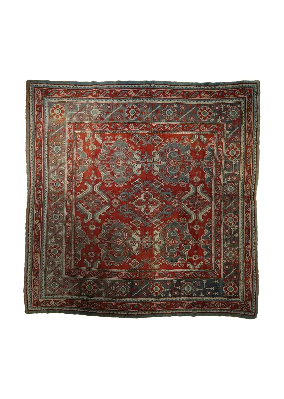 Oriental Rug Turkish Handmade Square Tribal Antique 9'3"x9'4" (9x9) Red Gray Oushak Geometric Design #A32769