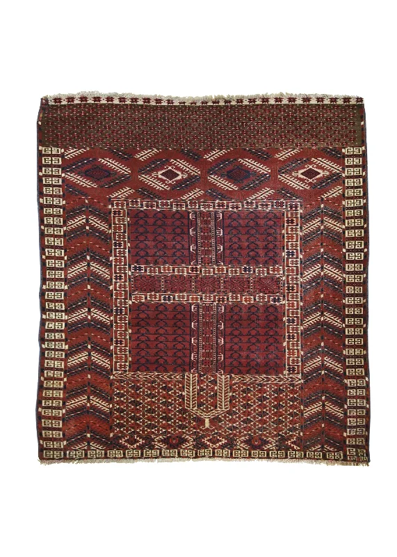 Oriental Rug Turkmen Handmade Square Tribal Antique 4'3"x4'9" (4x5) Red Tekke Geometric Design #A29541