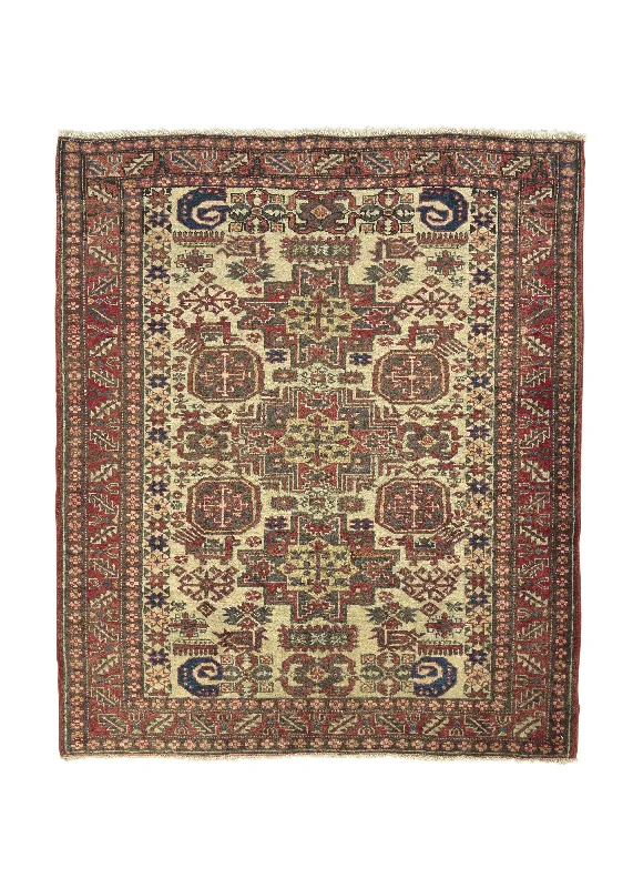 Persian Rug Ardabil Handmade Area Tribal Vintage 3'1"x4'6" (3x5) Whites/Beige Red Geometric Design #18116