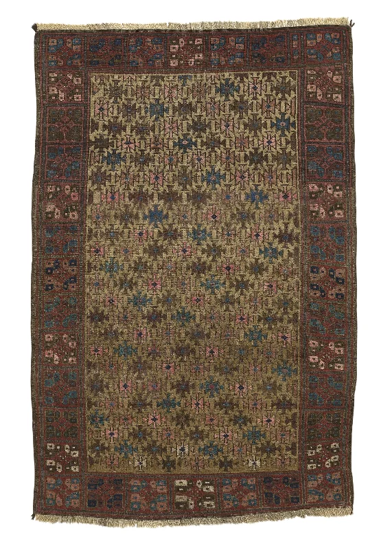 Persian Rug Baloch Handmade Area Antique Tribal 3'0"x4'5" (3x4) Brown Whites/Beige Geometric Design #33136