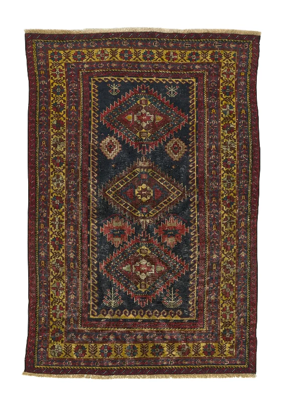 Persian Rug Ghashghaei Handmade Area Antique Tribal 3'8"x5'7" (4x6) Yellow/Gold Red Blue Geometric Design #30741