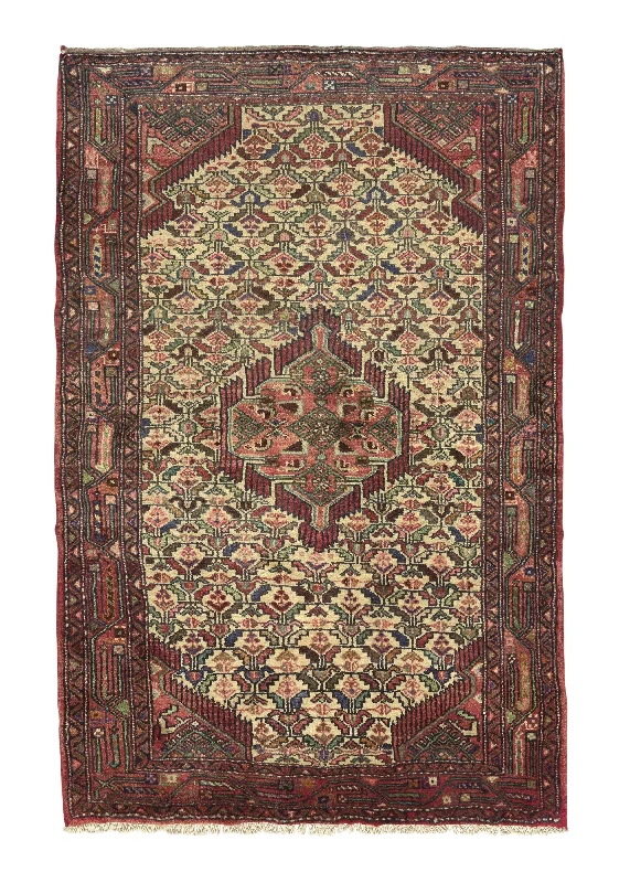 Persian Rug Hamadan Handmade Area Traditional Tribal 3'4"x5'5" (3x5) Pink Whites/Beige Geometric Design #16595