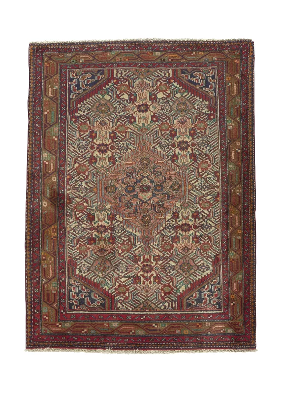 Persian Rug Hamadan Handmade Area Tribal 3'7"x4'10" (4x5) Red Brown Geometric Design #17147