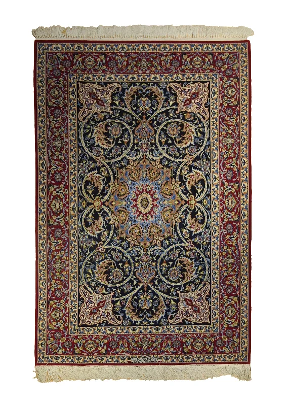 Persian Rug Isfahan Handmade Area Traditional 3'8"x5'5" (4x5) Blue Red Floral Seirafian Design #A35479