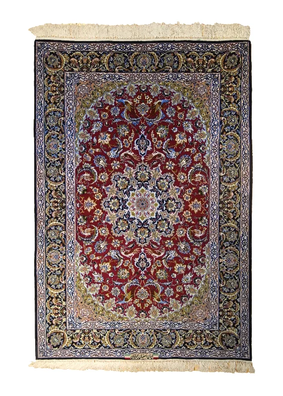 Persian Rug Isfahan Handmade Area Traditional 3'8"x5'3" (4x5) Red Blue Floral Seirafian Design #A35474