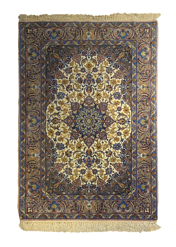 Persian Rug Isfahan Handmade Area Traditional 3'6"x5'1" (4x5) Whites/Beige Blue Floral Design #A35478