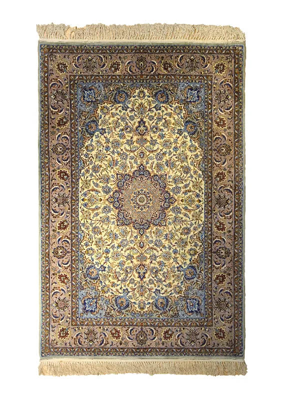 Persian Rug Isfahan Handmade Area Traditional 3'7"x5'3" (4x5) Whites/Beige Blue Yellow/Gold Floral Design #A35475