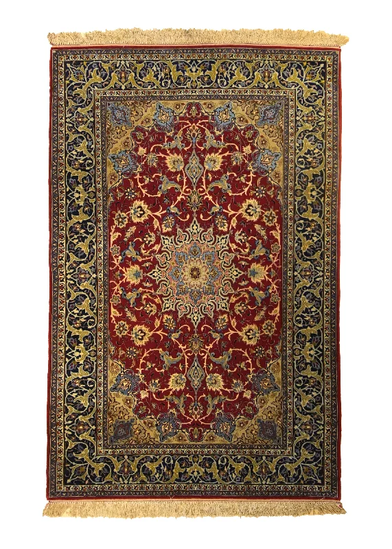 Persian Rug Isfahan Handmade Area Traditional 3'9"x5'9" (4x6) Blue Red Floral Design #A35477