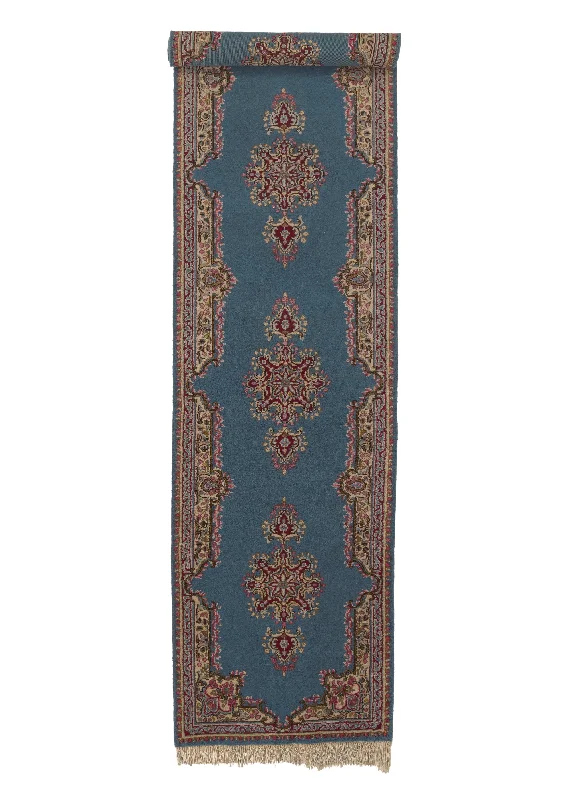 Persian Rug Kerman Handmade Runner Traditional 3'2"x12'10" (3x13) Blue Pink Open Field Floral Design #2396