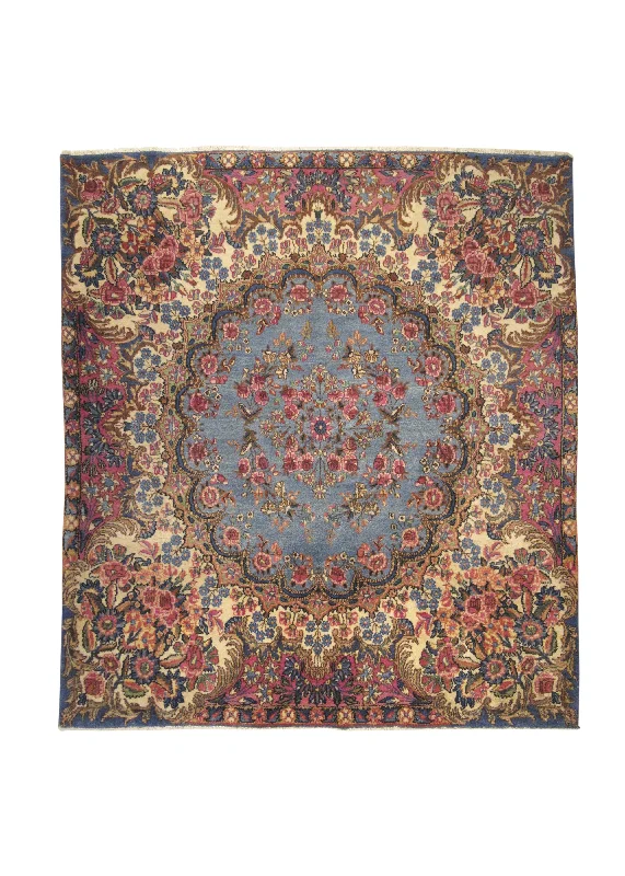 Persian Rug Lavar Kerman Handmade Square Traditional Antique 4'10"x5'10" (5x6) Blue Pink Whites/Beige Floral Design #A27367