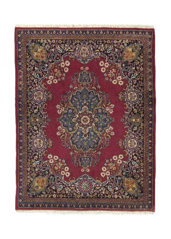 Persian Rug Moud Handmade Area Traditional 4'1"x5'3" (4x5) Red Blue Open Field Floral Design #17889