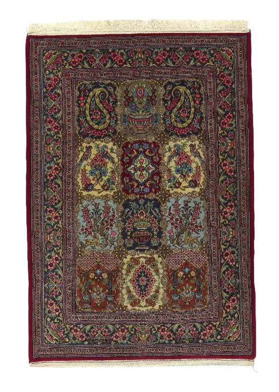 Persian Rug Qum Handmade Area Traditional Traditional 3'7"x5'1" (4x5) Multi-color Red Garden Animals Paisley/Boteh Design #33619