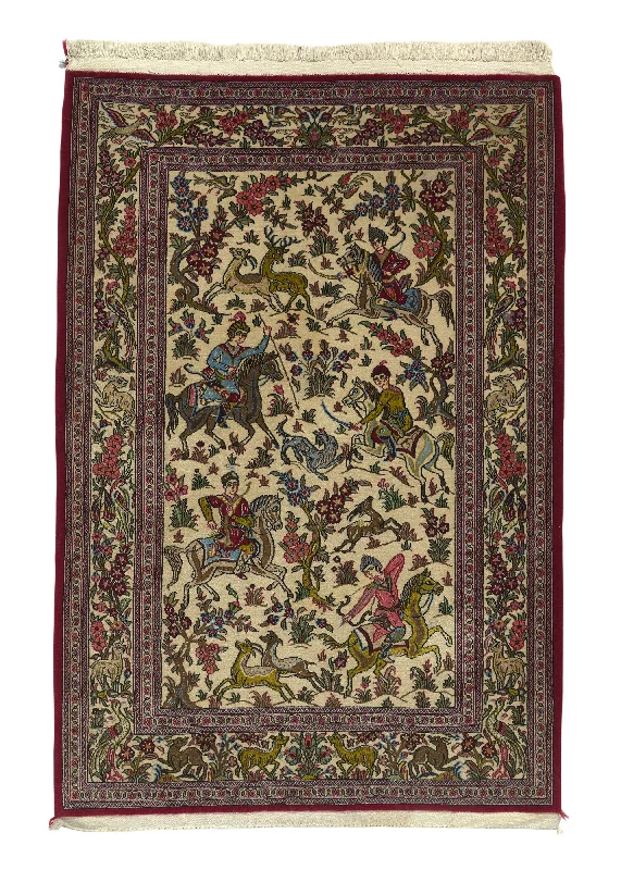 Persian Rug Qum Handmade Area Traditional Traditional 3'6"x5'3" (4x5) Pink Whites/Beige Hunting Scene Design #33618