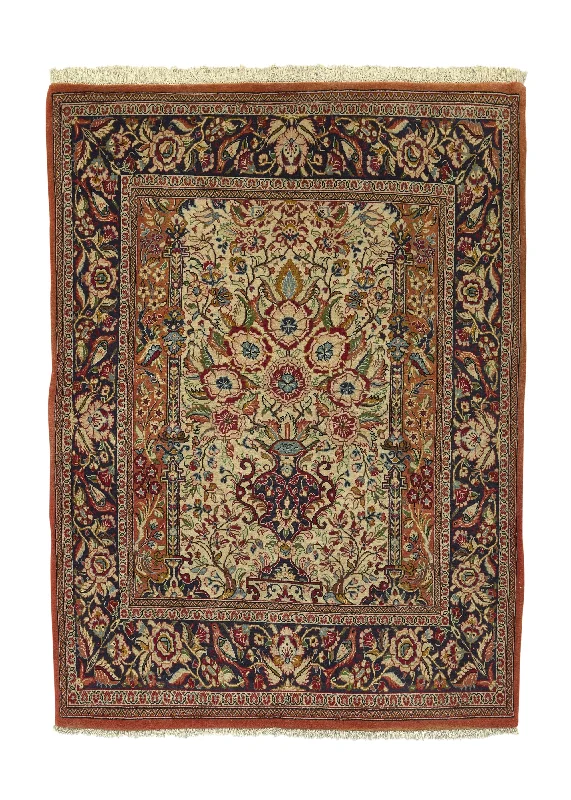 Persian Rug Qum Handmade Area Traditional Traditional 3'9"x5'1" (4x5) Whites/Beige Pink Orange Tree of Life Design #35053