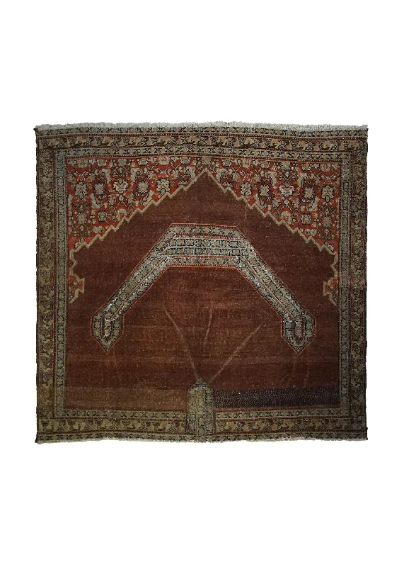 Persian Rug Sanandaj Handmade Saddle Square Tribal Antique 3'1"x3'3" (3x3) Red Brown Saddle Blanket Prayer Rug Design #A33192