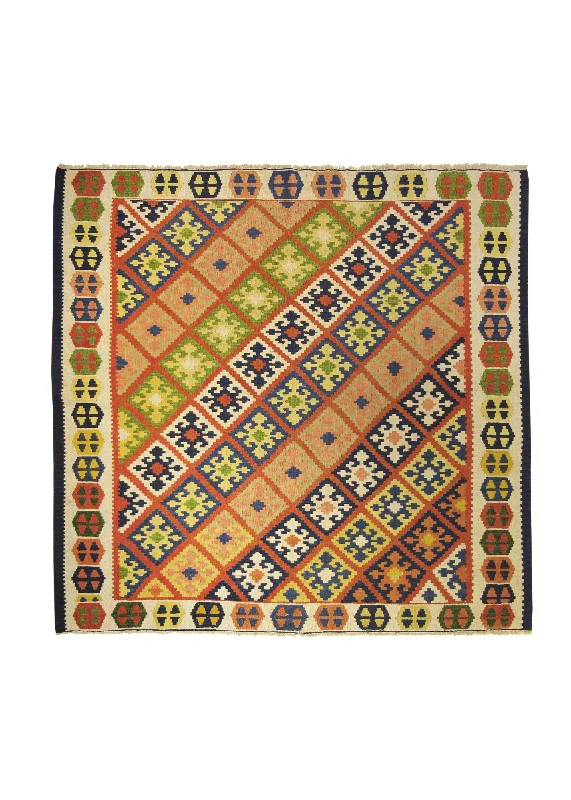 Persian Rug Shiraz Handmade Square Tribal 6'6"x6'7" (7x7) Multi-color Green Kilim Geometric Design #A28608