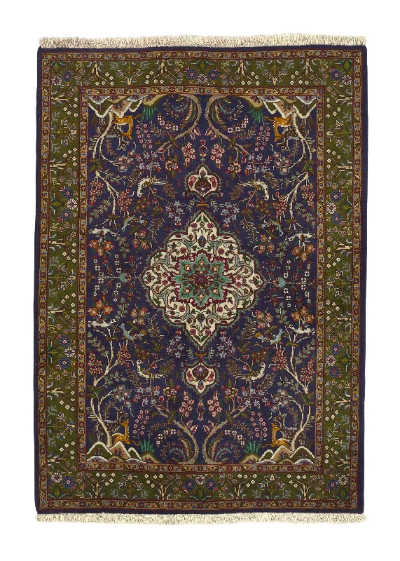 Persian Rug Tabriz Handmade Area Traditional 3'5"x4'9" (3x5) Blue Green Floral Animals Design #31027