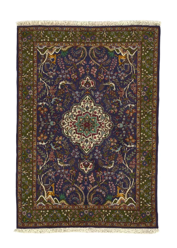 Persian Rug Tabriz Handmade Area Traditional 3'5"x4'9" (3x5) Green Blue Floral Animals Design #31028